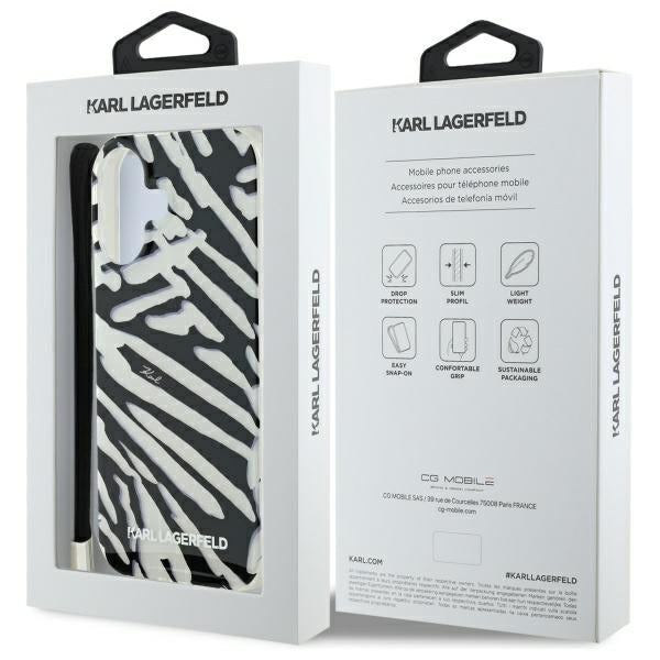 Puzdro pre Apple iPhone 16, Karl Lagerfeld, IML Luxury Zebra Pattern with Strap, Čierne