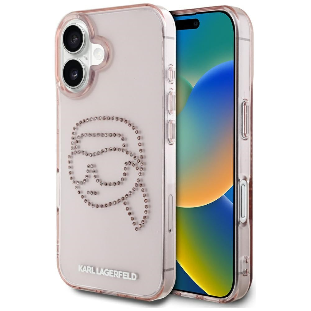 Puzdro pre Apple iPhone 16, Karl Lagerfeld, IML Rhinestones Karl's Head, Ružové