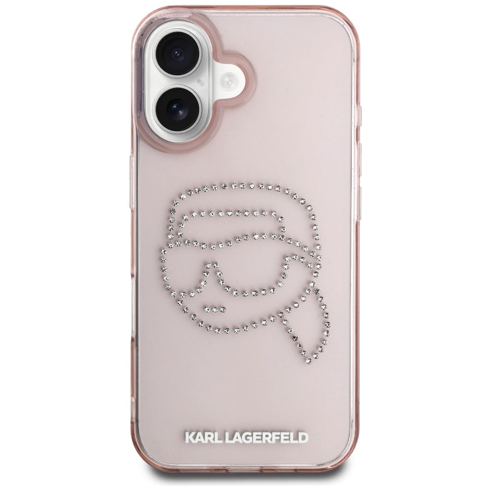 Puzdro pre Apple iPhone 16, Karl Lagerfeld, IML Rhinestones Karl's Head, Ružové