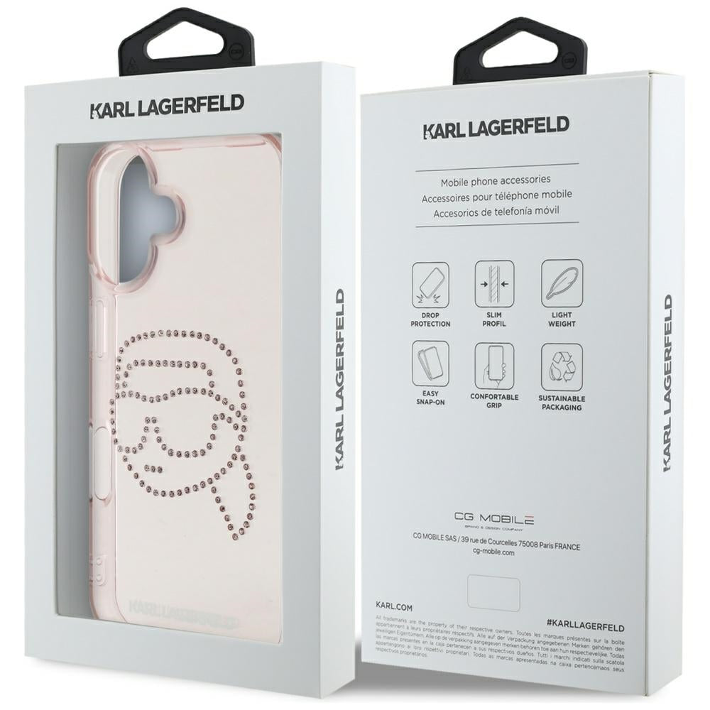 Puzdro pre Apple iPhone 16, Karl Lagerfeld, IML Rhinestones Karl's Head, Ružové