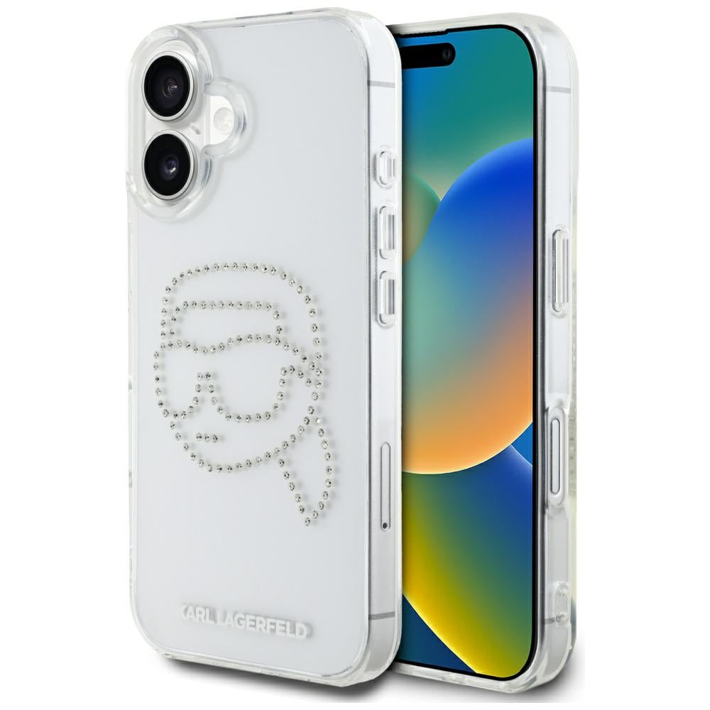 Puzdro pre Apple iPhone 16, Karl Lagerfeld, IML Rhinestones Karl's Head, Transparentné