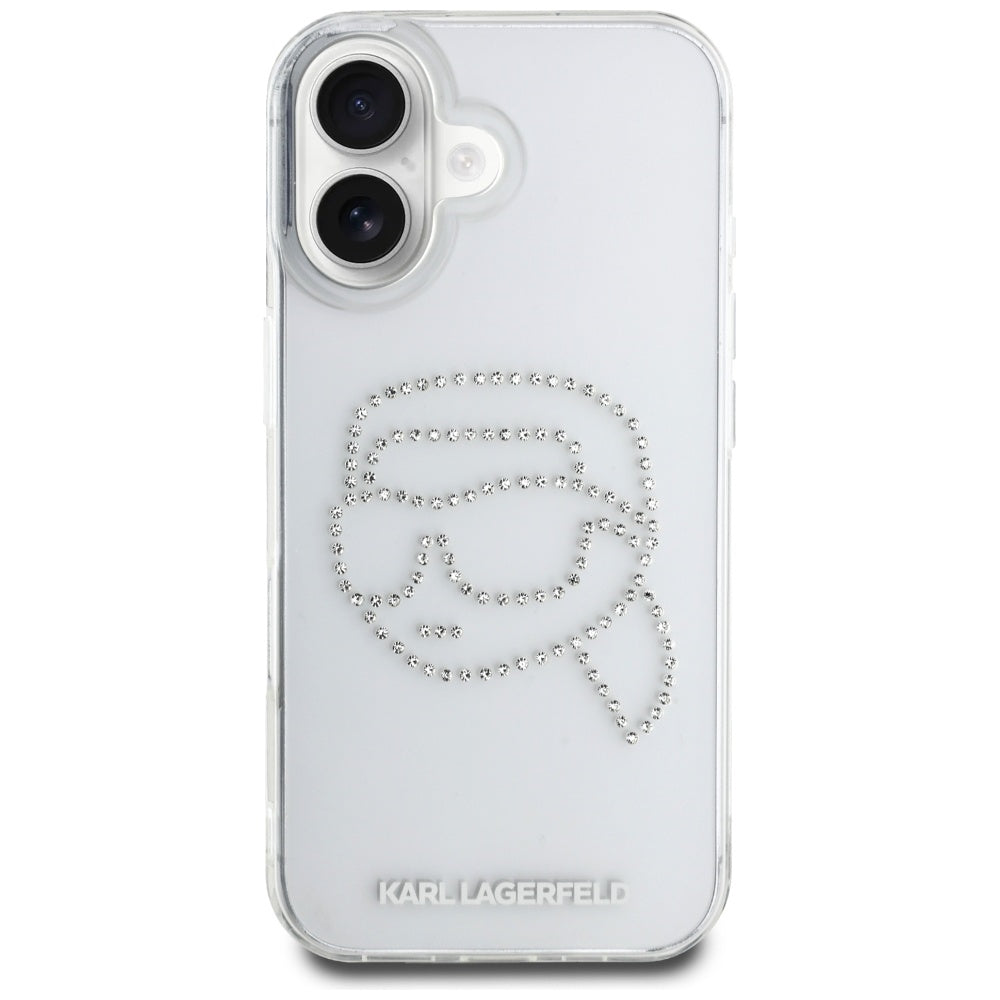Puzdro pre Apple iPhone 16, Karl Lagerfeld, IML Rhinestones Karl's Head, Transparentné