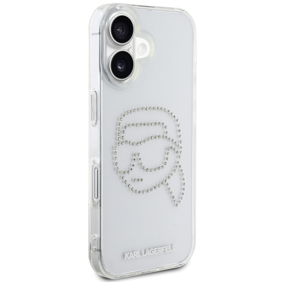 Puzdro pre Apple iPhone 16, Karl Lagerfeld, IML Rhinestones Karl's Head, Transparentné
