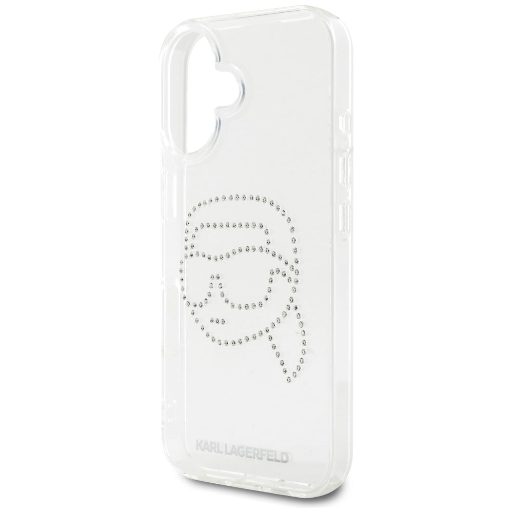 Puzdro pre Apple iPhone 16, Karl Lagerfeld, IML Rhinestones Karl's Head, Transparentné