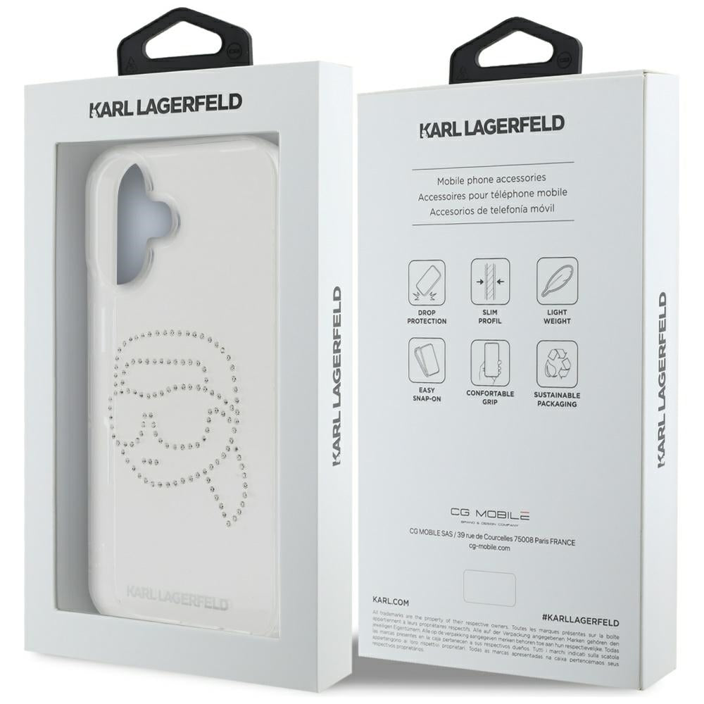 Puzdro pre Apple iPhone 16, Karl Lagerfeld, IML Rhinestones Karl's Head, Transparentné