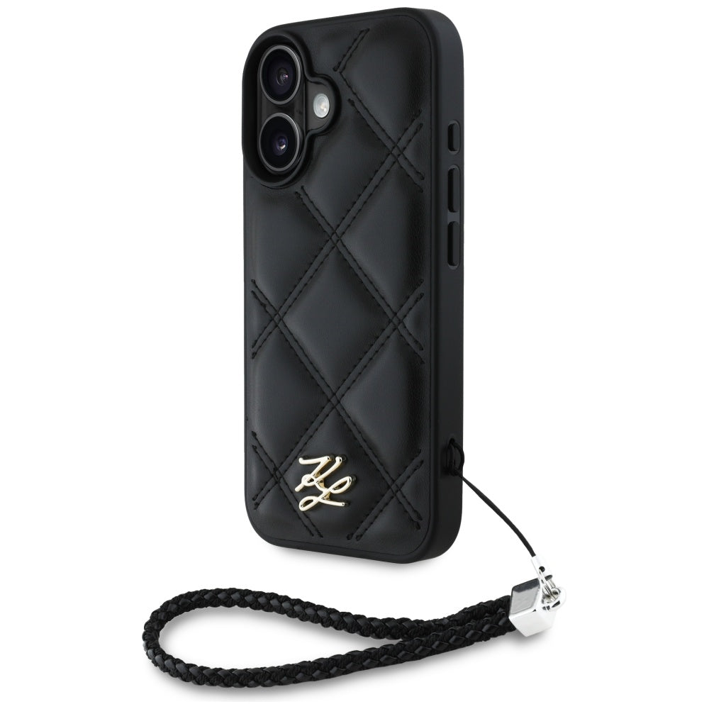 Puzdro pre Apple iPhone 16, Karl Lagerfeld, Quilted Initial Logo & Chain Strap, Čierne