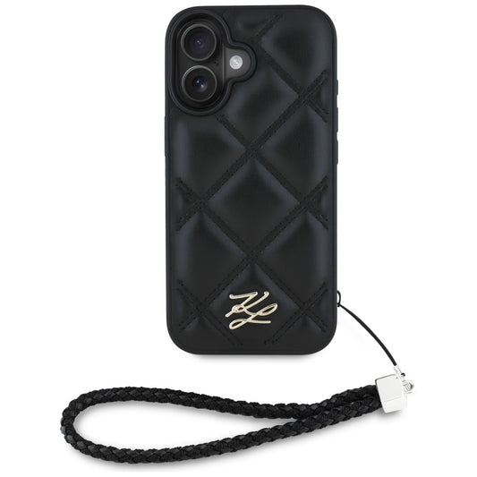 Puzdro pre Apple iPhone 16, Karl Lagerfeld, Quilted Initial Logo & Chain Strap, Čierne