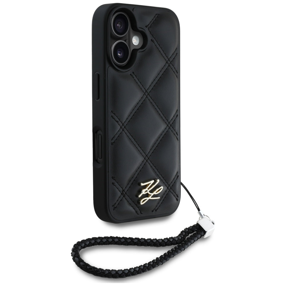 Puzdro pre Apple iPhone 16, Karl Lagerfeld, Quilted Initial Logo & Chain Strap, Čierne
