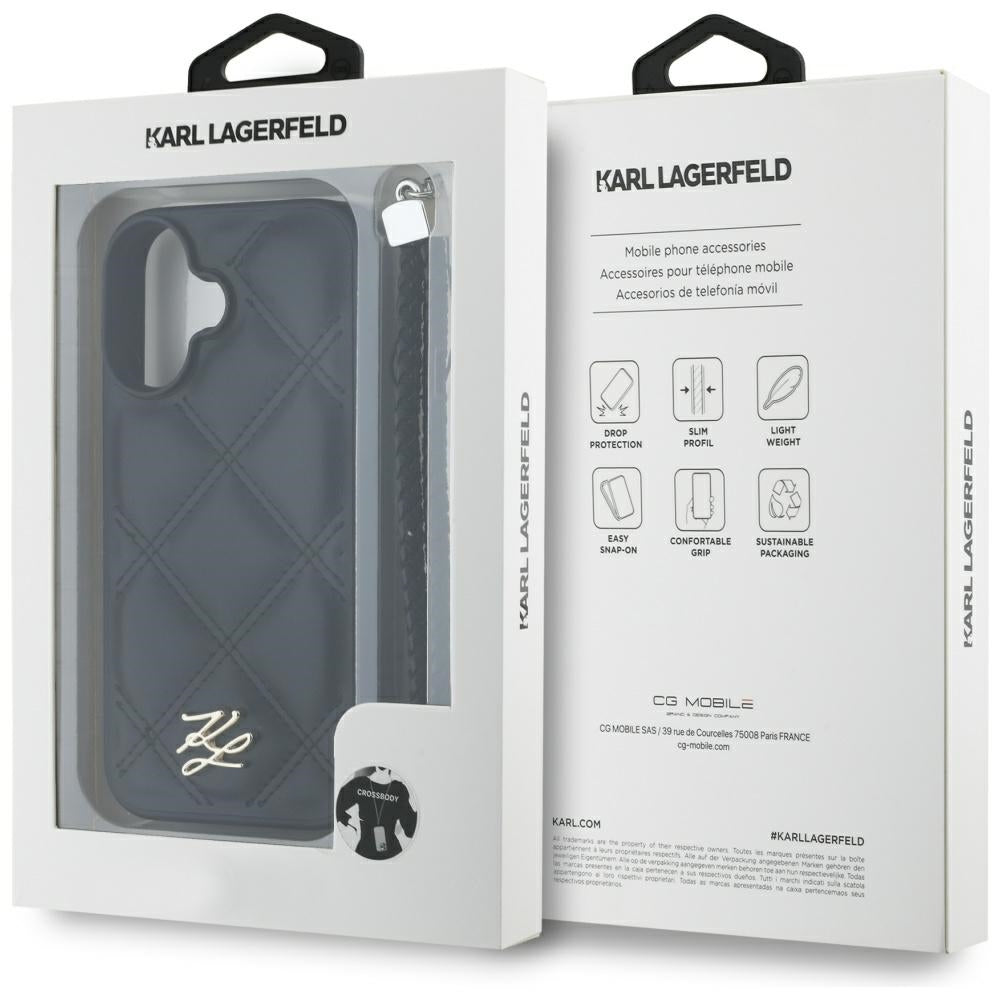 Puzdro pre Apple iPhone 16, Karl Lagerfeld, Quilted Initial Logo & Chain Strap, Čierne