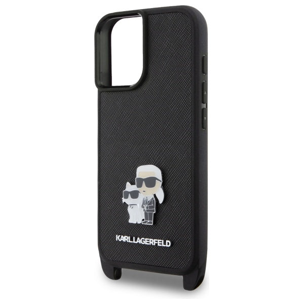 Puzdro pre Apple iPhone 16, Karl Lagerfeld, Saffiano Crossbody Metal Pin Karl & Choupette, Biela
