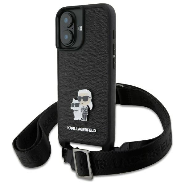 Puzdro pre Apple iPhone 16, Karl Lagerfeld, Saffiano Crossbody Metal Pin Karl & Choupette, Biela
