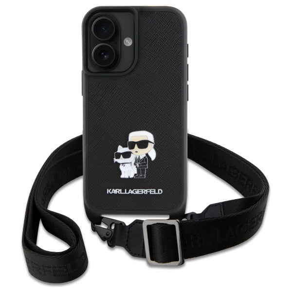 Puzdro pre Apple iPhone 16, Karl Lagerfeld, Saffiano Crossbody Metal Pin Karl & Choupette, Biela