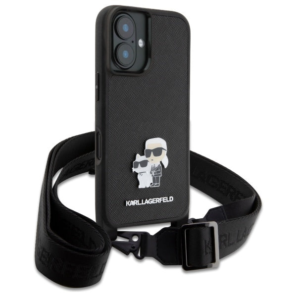 Puzdro pre Apple iPhone 16, Karl Lagerfeld, Saffiano Crossbody Metal Pin Karl & Choupette, Biela
