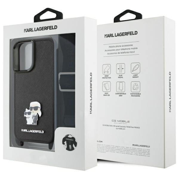 Puzdro pre Apple iPhone 16, Karl Lagerfeld, Saffiano Crossbody Metal Pin Karl & Choupette, Biela