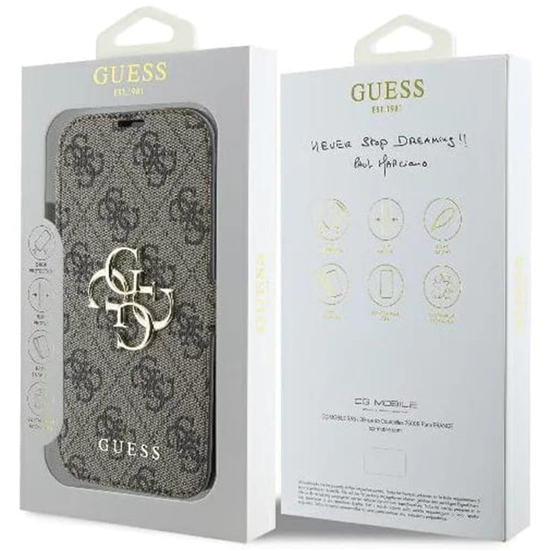 Puzdro pre Apple iPhone 16 Plus, Guess, 4G Book, Hnedé