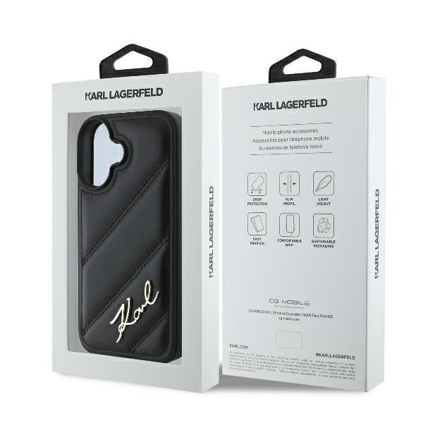 Puzdro pre Apple iPhone 16 Plus, Karl Lagerfeld, Diagonal Quilted Script, Čierne