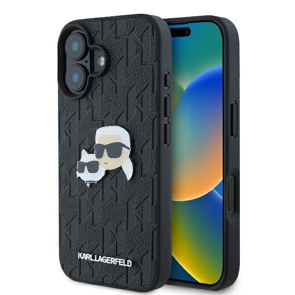 Case for Apple iPhone 16 Plus, Karl Lagerfeld, Monogram Karl & Choupette's Heads, Black