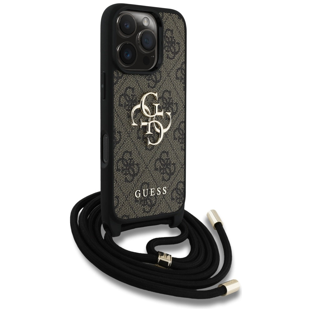 Case for Apple iPhone 16 Pro, Guess, 4G CBDY Big Logo with Cord Strap, Brown