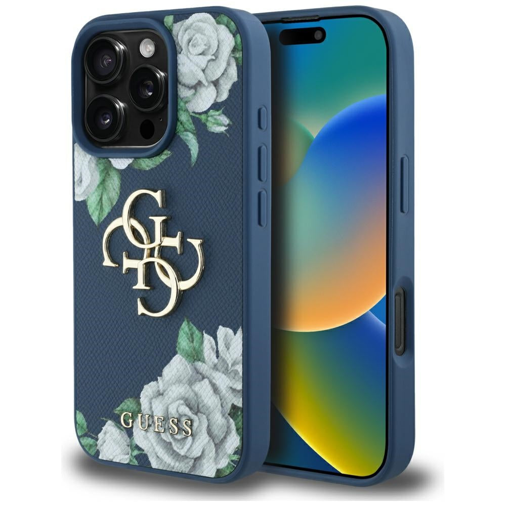 Puzdro pre Apple iPhone 16 Pro, Guess, 4G Grained Roses Big Logo, Modrá