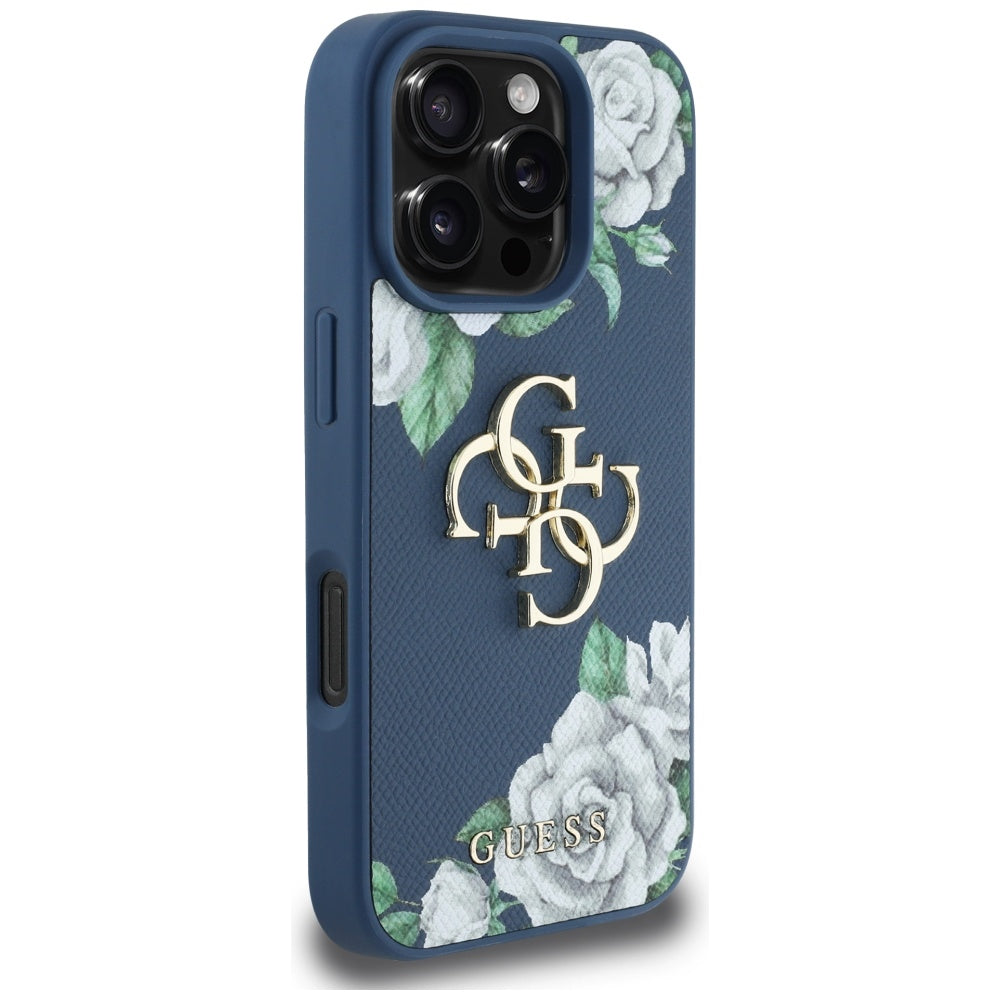 Puzdro pre Apple iPhone 16 Pro, Guess, 4G Grained Roses Big Logo, Modrá