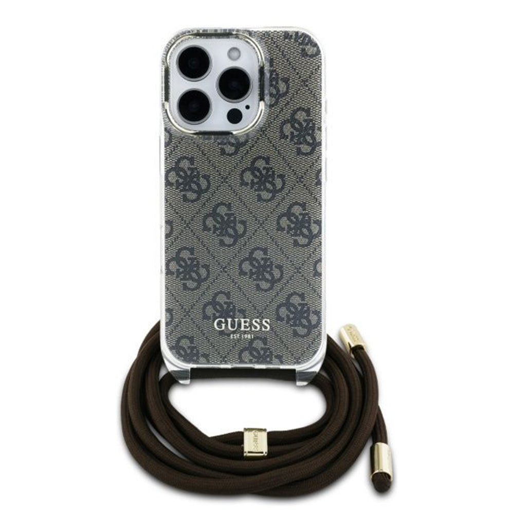 Puzdro pre Apple iPhone 16 Pro, Guess, Crossbody Cord 4G Print, Hnedá