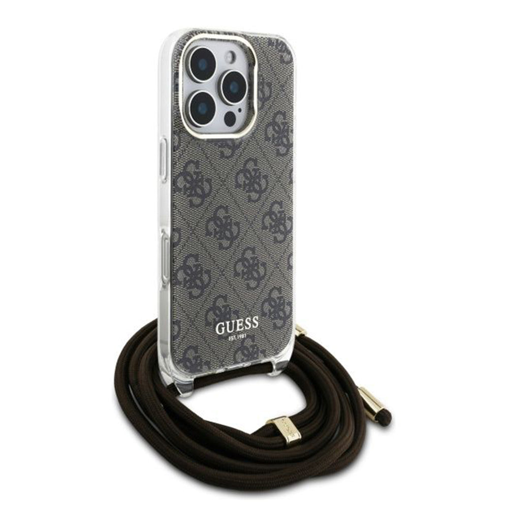 Puzdro pre Apple iPhone 16 Pro, Guess, Crossbody Cord 4G Print, Hnedá