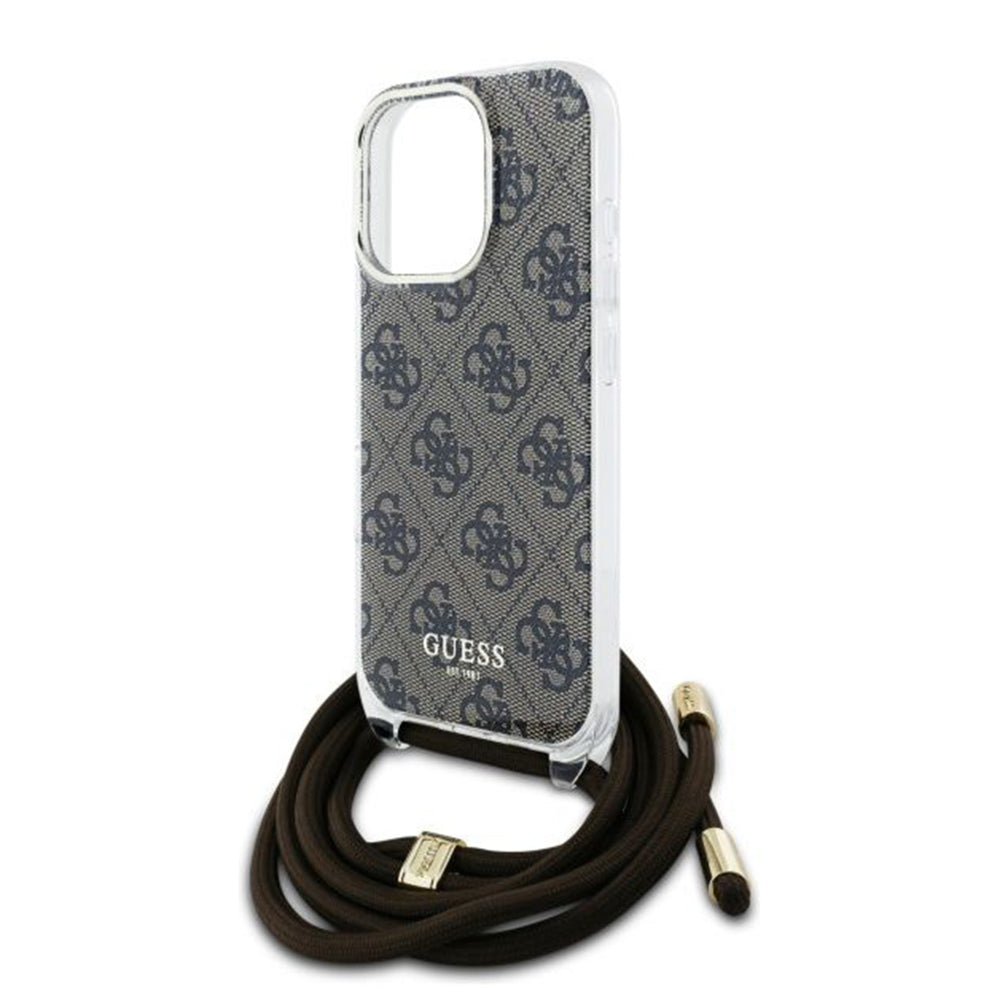 Puzdro pre Apple iPhone 16 Pro, Guess, Crossbody Cord 4G Print, Hnedá