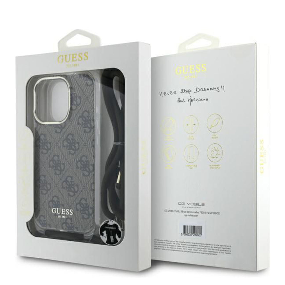 Puzdro pre Apple iPhone 16 Pro, Guess, Crossbody Cord 4G Print, Hnedá