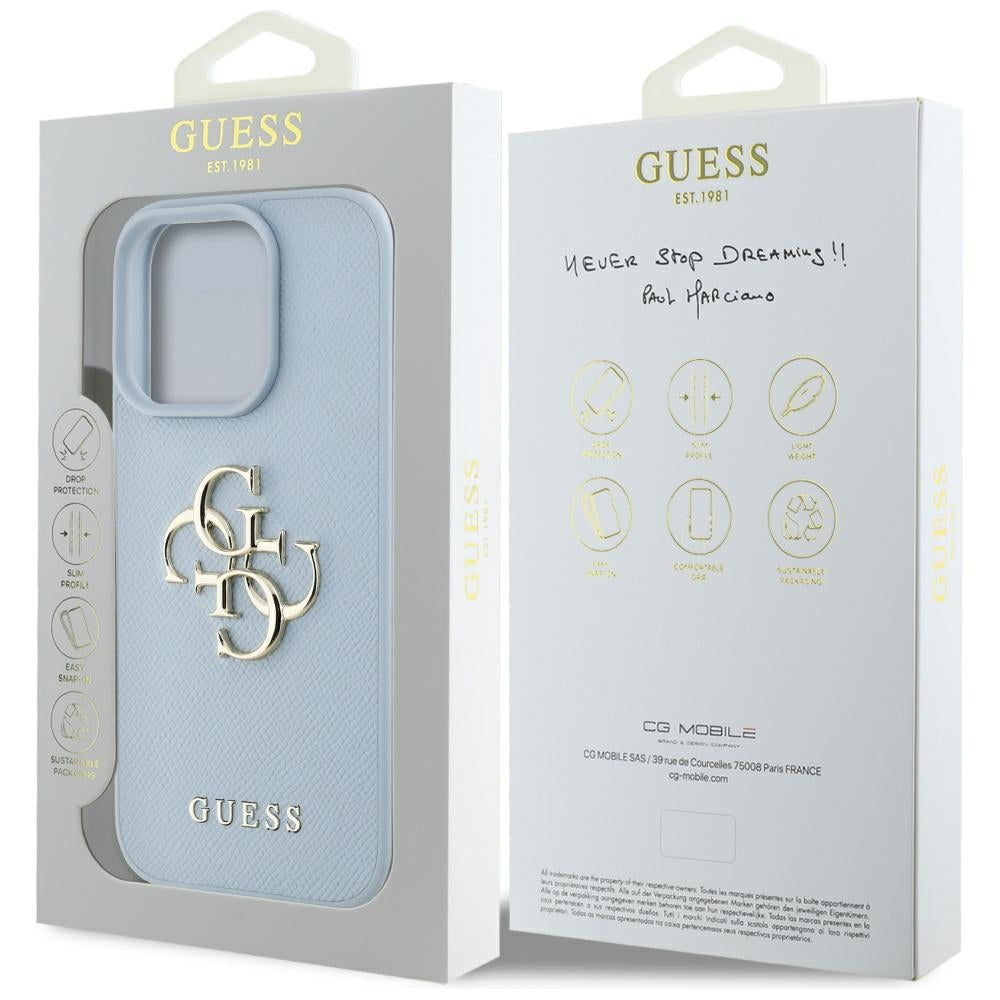 Puzdro pre Apple iPhone 16 Pro, Guess, Grained Big 4G Logo Small Classic Logo, Modrá