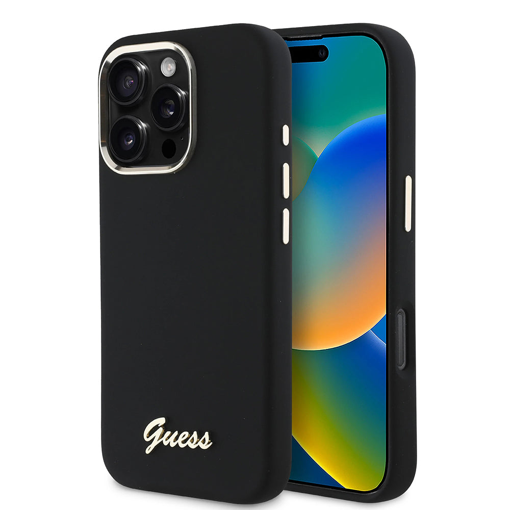 Puzdro pre Apple iPhone 16 Pro, Guess, Script Metal Logo & Frame, Čierne