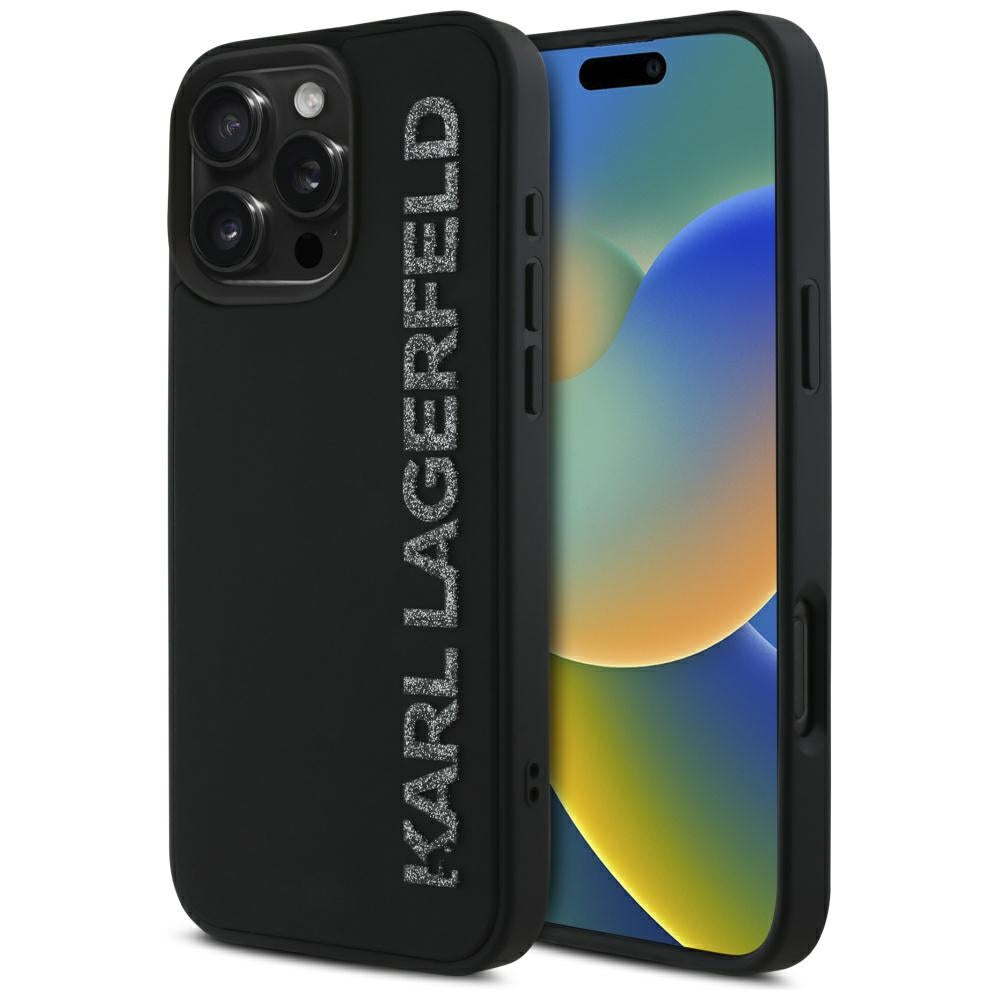 Puzdro pre Apple iPhone 16 Pro, Karl Lagerfeld, 3D Rubber Elongated Gliiter Logo, Čierne