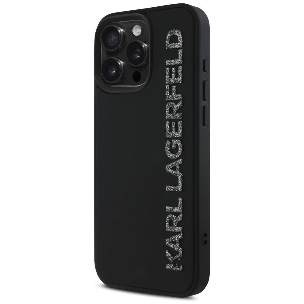 Puzdro pre Apple iPhone 16 Pro, Karl Lagerfeld, 3D Rubber Elongated Gliiter Logo, Čierne