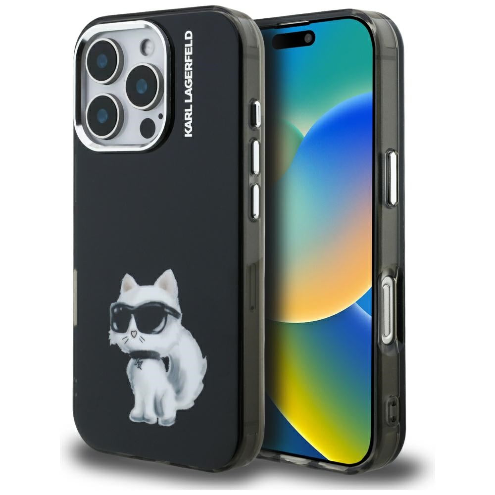 Puzdro pre Apple iPhone 16 Pro, Karl Lagerfeld, IML Aquarelle Logo Choupette, Čierne