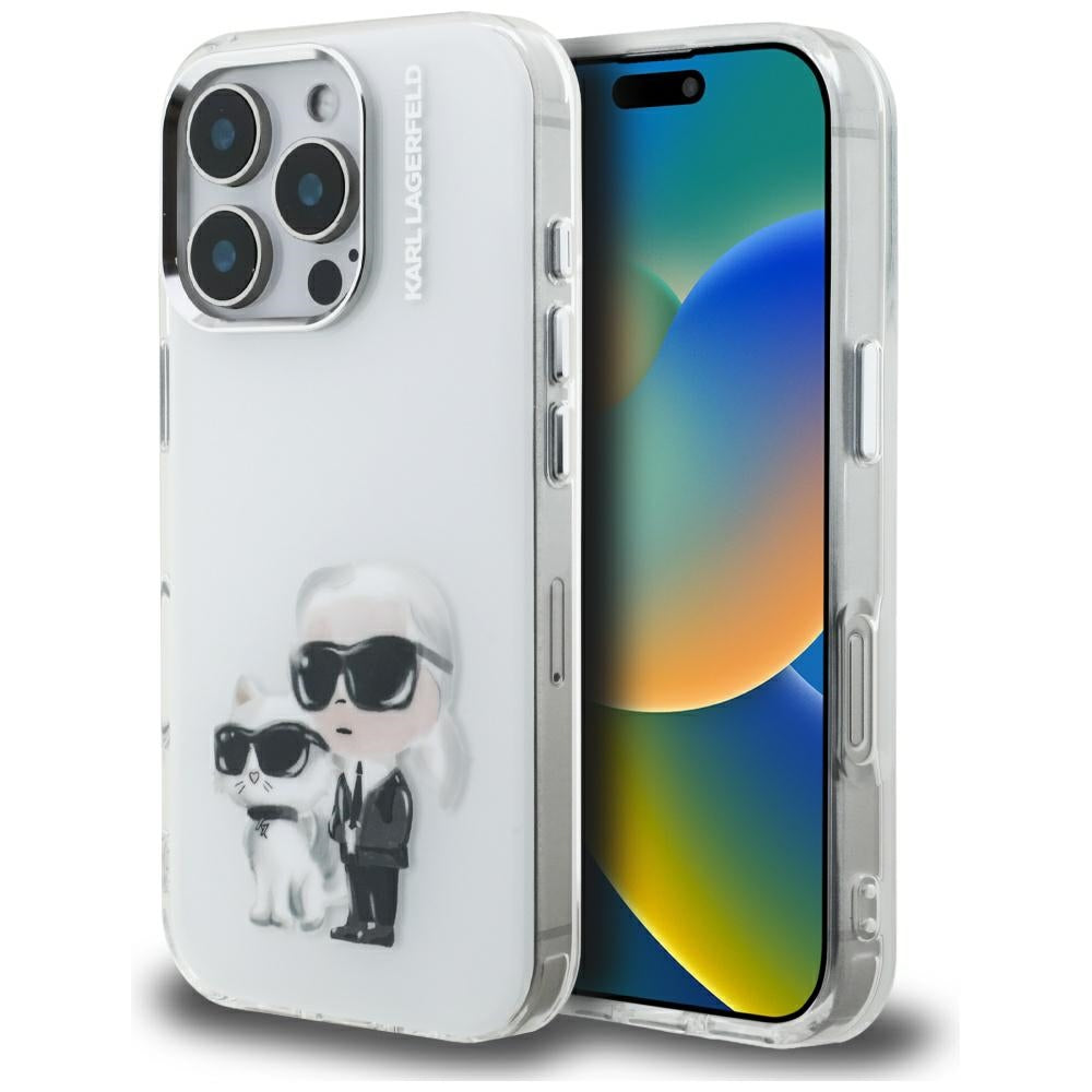 Puzdro pre Apple iPhone 16 Pro, Karl Lagerfeld, IML Aquarelle Logo Karl & Choupette, Biela