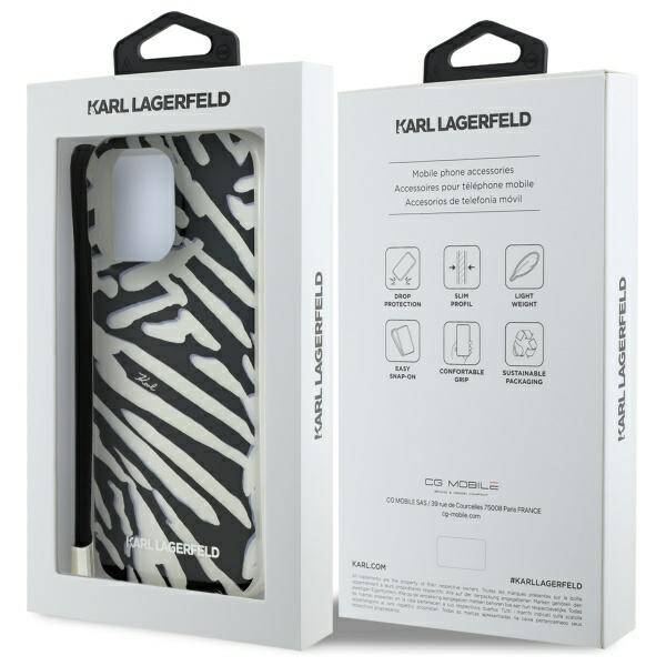Puzdro pre Apple iPhone 16 Pro, Karl Lagerfeld, IML Luxury Zebra Pattern with Strap, Čierne