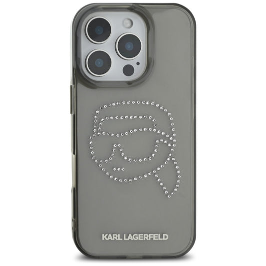 Puzdro pre Apple iPhone 16 Pro, Karl Lagerfeld, IML Rhinestones Karl's Head, Čierne