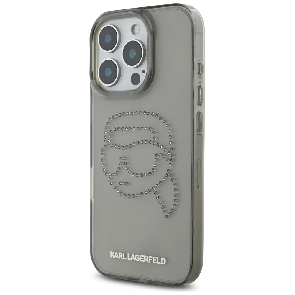 Puzdro pre Apple iPhone 16 Pro, Karl Lagerfeld, IML Rhinestones Karl's Head, Čierne