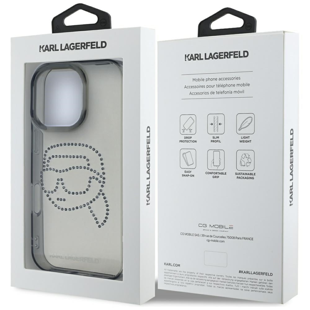 Puzdro pre Apple iPhone 16 Pro, Karl Lagerfeld, IML Rhinestones Karl's Head, Čierne