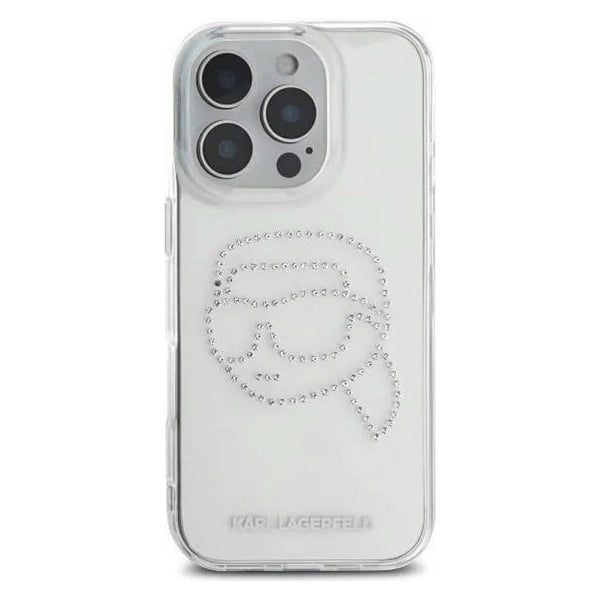 Puzdro pre Apple iPhone 16 Pro, Karl Lagerfeld, IML Rhinestones Karl's Head, Transparentné