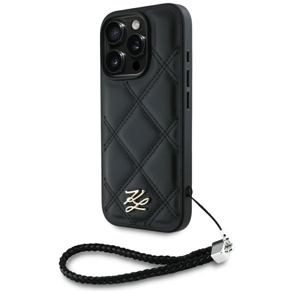 Puzdro pre Apple iPhone 16 Pro, Karl Lagerfeld, Quilted Initial Logo & Chain Strap, Čierne