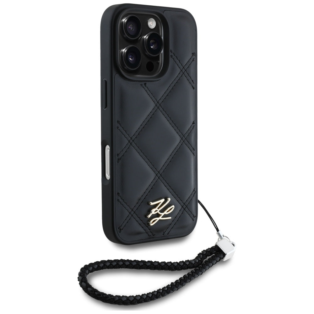 Puzdro pre Apple iPhone 16 Pro, Karl Lagerfeld, Quilted Initial Logo & Chain Strap, Čierne