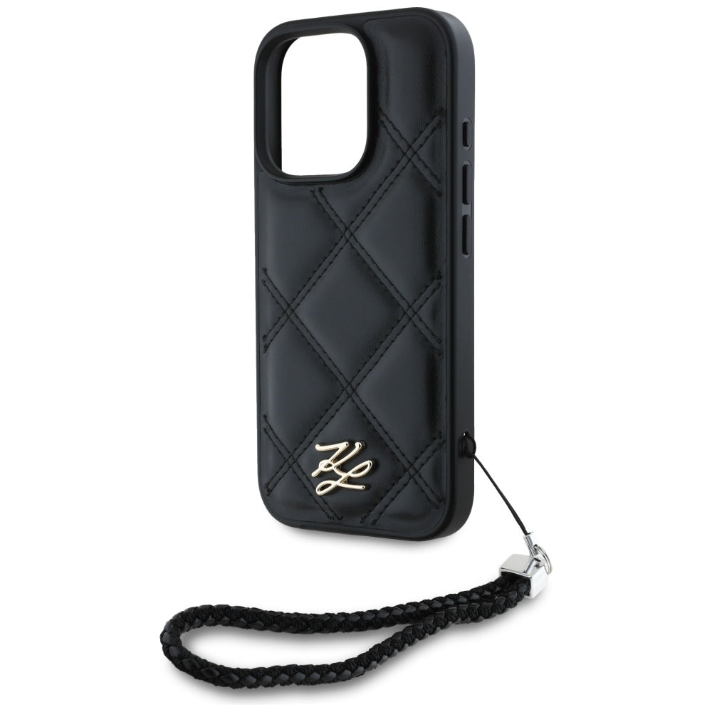 Puzdro pre Apple iPhone 16 Pro, Karl Lagerfeld, Quilted Initial Logo & Chain Strap, Čierne