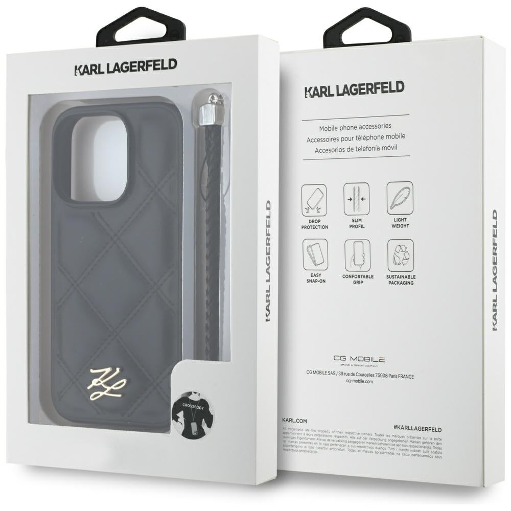 Puzdro pre Apple iPhone 16 Pro, Karl Lagerfeld, Quilted Initial Logo & Chain Strap, Čierne