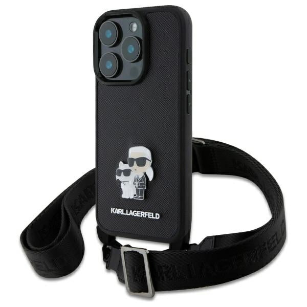 Puzdro pre Apple iPhone 16 Pro, Karl Lagerfeld, Saffiano Crossbody Metal Pin Karl & Choupette, Čierne