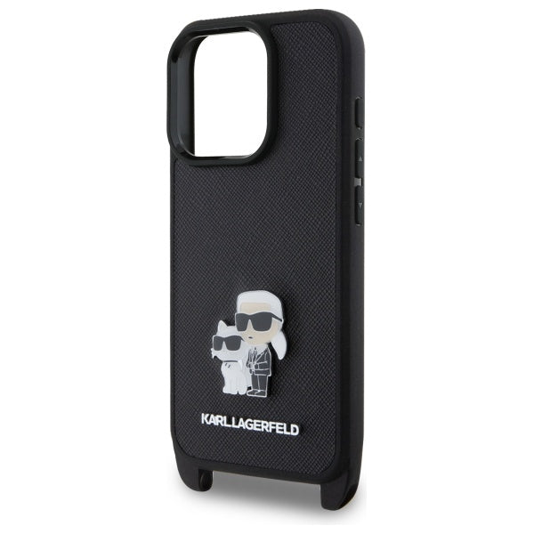 Puzdro pre Apple iPhone 16 Pro, Karl Lagerfeld, Saffiano Crossbody Metal Pin Karl & Choupette, Čierne