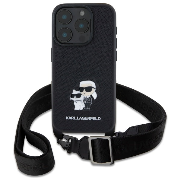 Puzdro pre Apple iPhone 16 Pro, Karl Lagerfeld, Saffiano Crossbody Metal Pin Karl & Choupette, Čierne