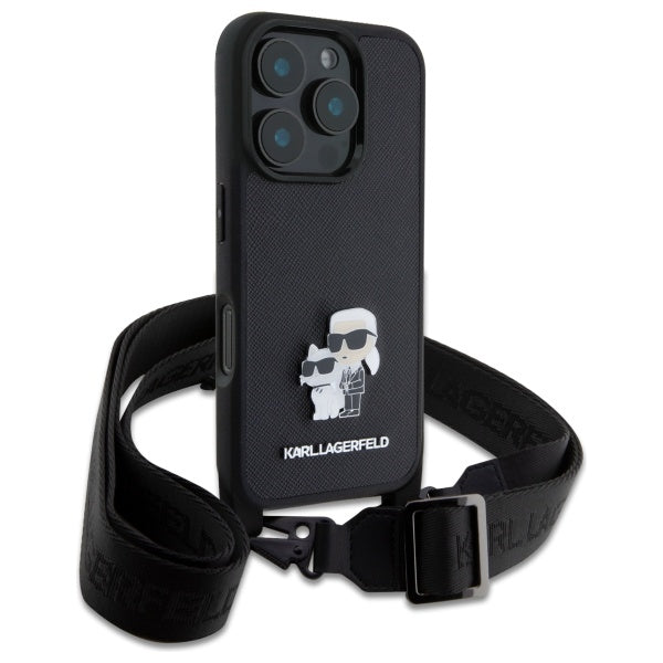 Puzdro pre Apple iPhone 16 Pro, Karl Lagerfeld, Saffiano Crossbody Metal Pin Karl & Choupette, Čierne