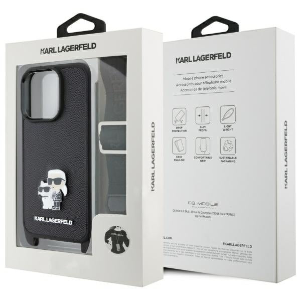 Puzdro pre Apple iPhone 16 Pro, Karl Lagerfeld, Saffiano Crossbody Metal Pin Karl & Choupette, Čierne