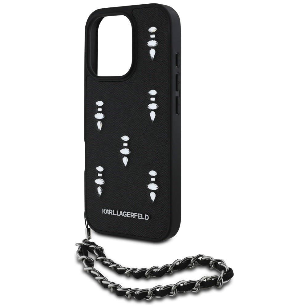 Puzdro pre Apple iPhone 16 Pro, Karl Lagerfeld, Saffiano Crystals & Charm, Čierne