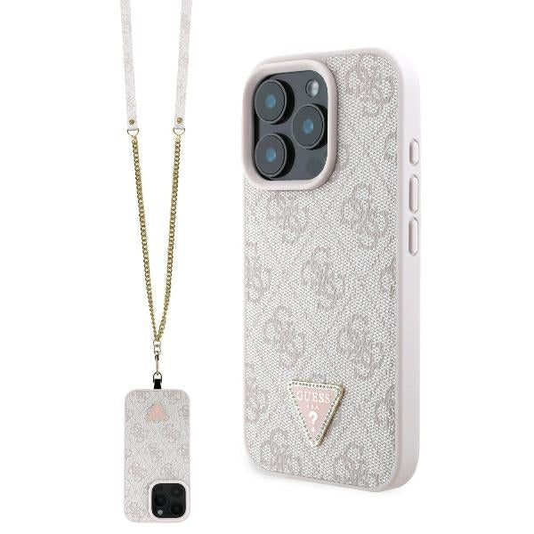 Puzdro pre Apple iPhone 16 Pro Max, Guess, Crossbody 4G Triangle Strass, Ružové.